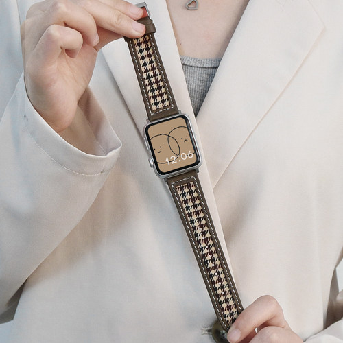 适用applewatch表带7苹果手表iwatch5表带SE小蛮腰3硅胶s7/6真皮革ins风千鸟格可爱40mm41女44创意格纹45高级