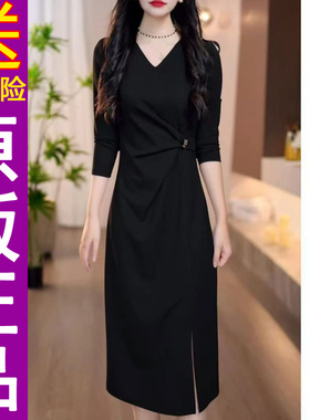 原版正品2025春秋季款黑色V领收腰显瘦长袖中长款连衣裙