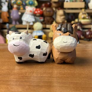 一对纯牛马！木雕牛手工小马木质摆件工位装饰公仔生肖礼品