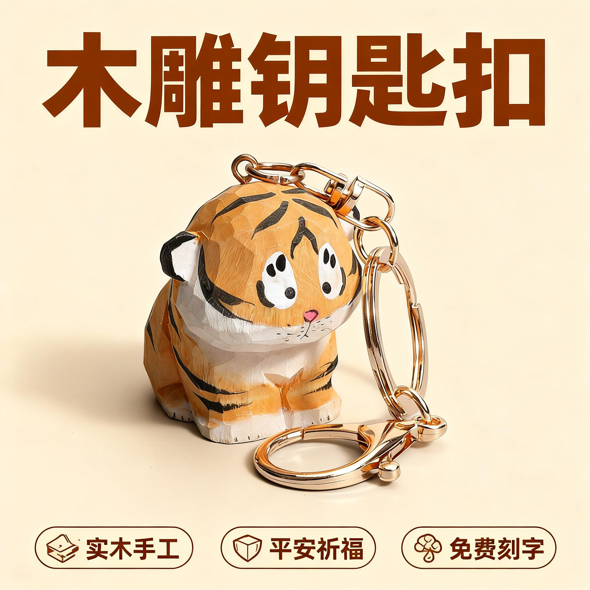 木雕生肖小老虎钥匙扣包包挂件情侣创意可爱母亲节吉祥物毕业礼物