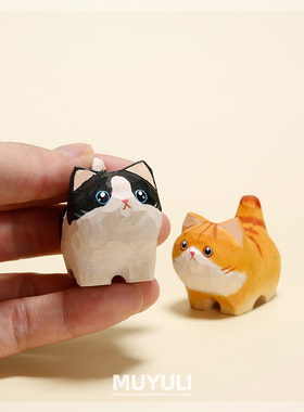 手工木雕小猫咪摆件软萌奶牛猫可爱情侣一对电脑桌面装饰生日礼物