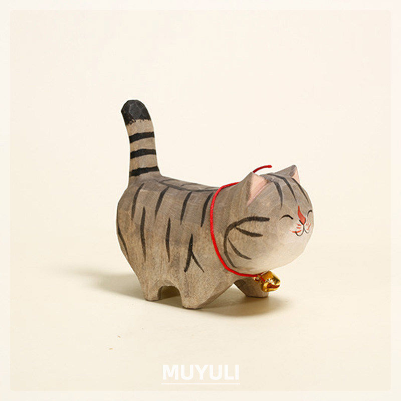 手工木雕狸花猫猫咪摆件虎皮猫办公室桌面汽车装饰品可爱新车礼物