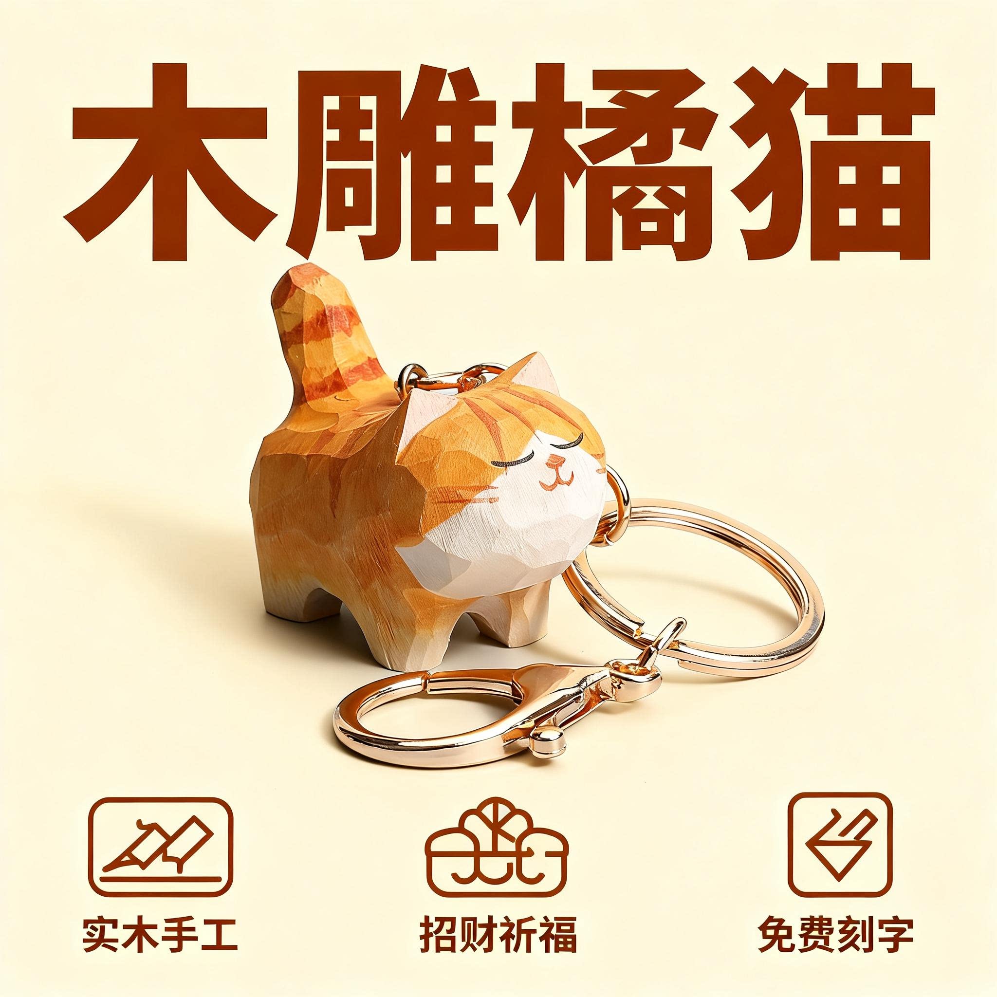 治愈木雕小猫钥匙扣橘猫妈妈挂件钥匙链女生包包挂饰情侣一对礼物