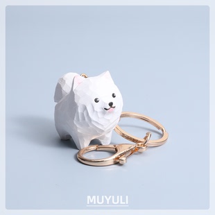 木雕萨摩耶钥匙扣情侣一对小狗钥匙链包包挂件装饰可爱情人节礼物