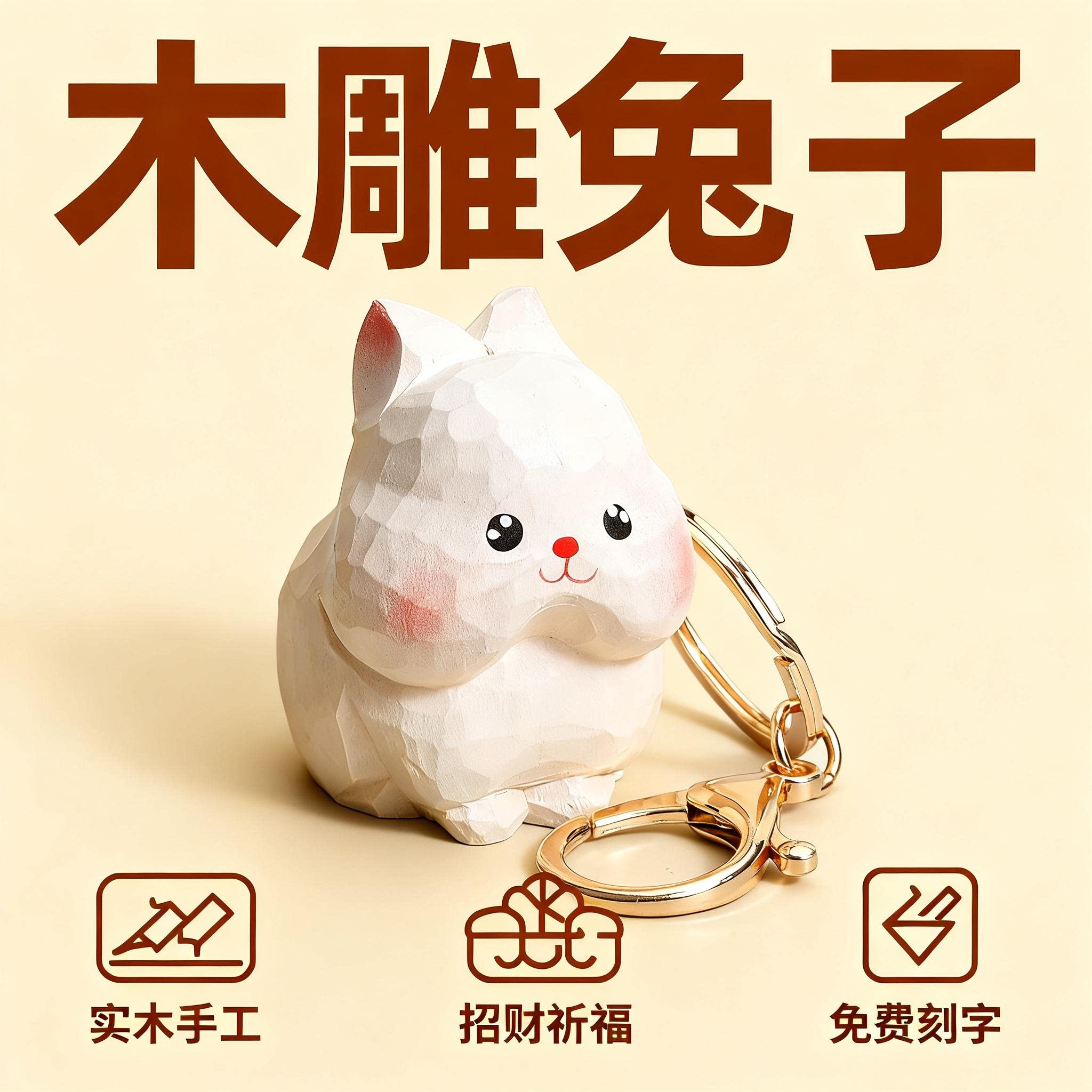 手雕木头兔子萝卜情侣包挂钥匙扣