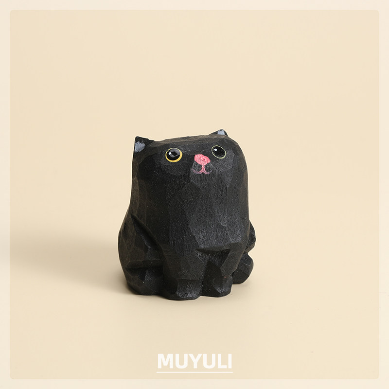 手工木雕小黑猫创意摆件小猫咪工位桌面小饰品办公室木质装饰品女