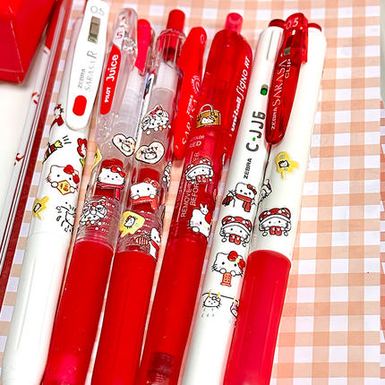 日本ZEBRA斑马HELLO KETTY凯蒂猫红笔日系笔JJ15/juice按动中性笔学生老师用红笔批改作业红色水笔DIY贴纸款