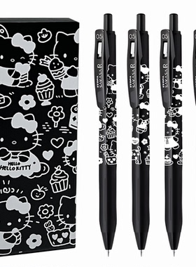 zebra斑马中性笔JJ29按动笔KT猫高颜值酷黑系列学生用考试黑色水笔黑杆速干顺滑0.5日系ins风小猫简笔画笔