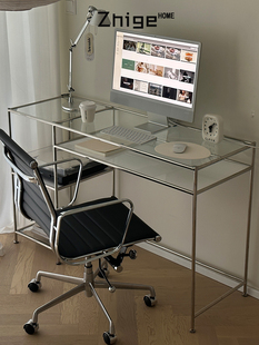 中古包豪斯长方形不锈钢电脑桌组合办公桌ins玻璃展示架书桌餐i.