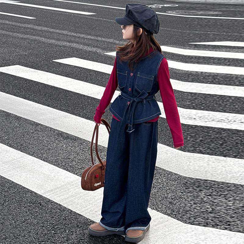 欧洲站女童春秋牛仔套装2025新款儿童打底衫马甲直筒阔腿裤三件套,童装/婴儿装/亲子装,套装,淘宝优惠券,粉丝福利购,淘宝优惠卷