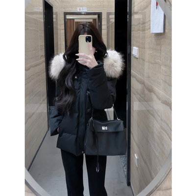 欧洲站黑色大毛领羽绒服