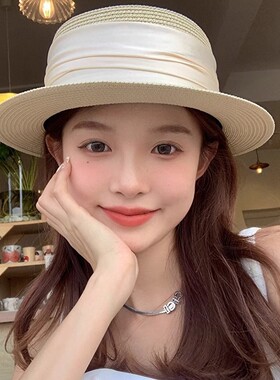 独特漂亮的帽子草帽女夏季平檐遮阳防晒帽草编礼帽平顶海边太阳帽