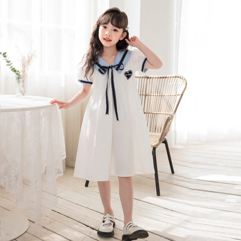2026夏装女童短袖裙子全棉学院风衬衫公主裙白色翻领中大童连衣裙