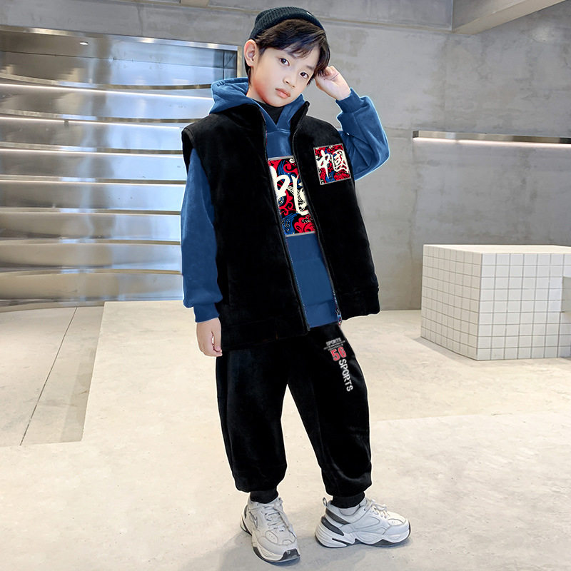 2025新款秋冬儿童套装3-12岁男女童连帽卫衣卫裤马甲保暖三件套