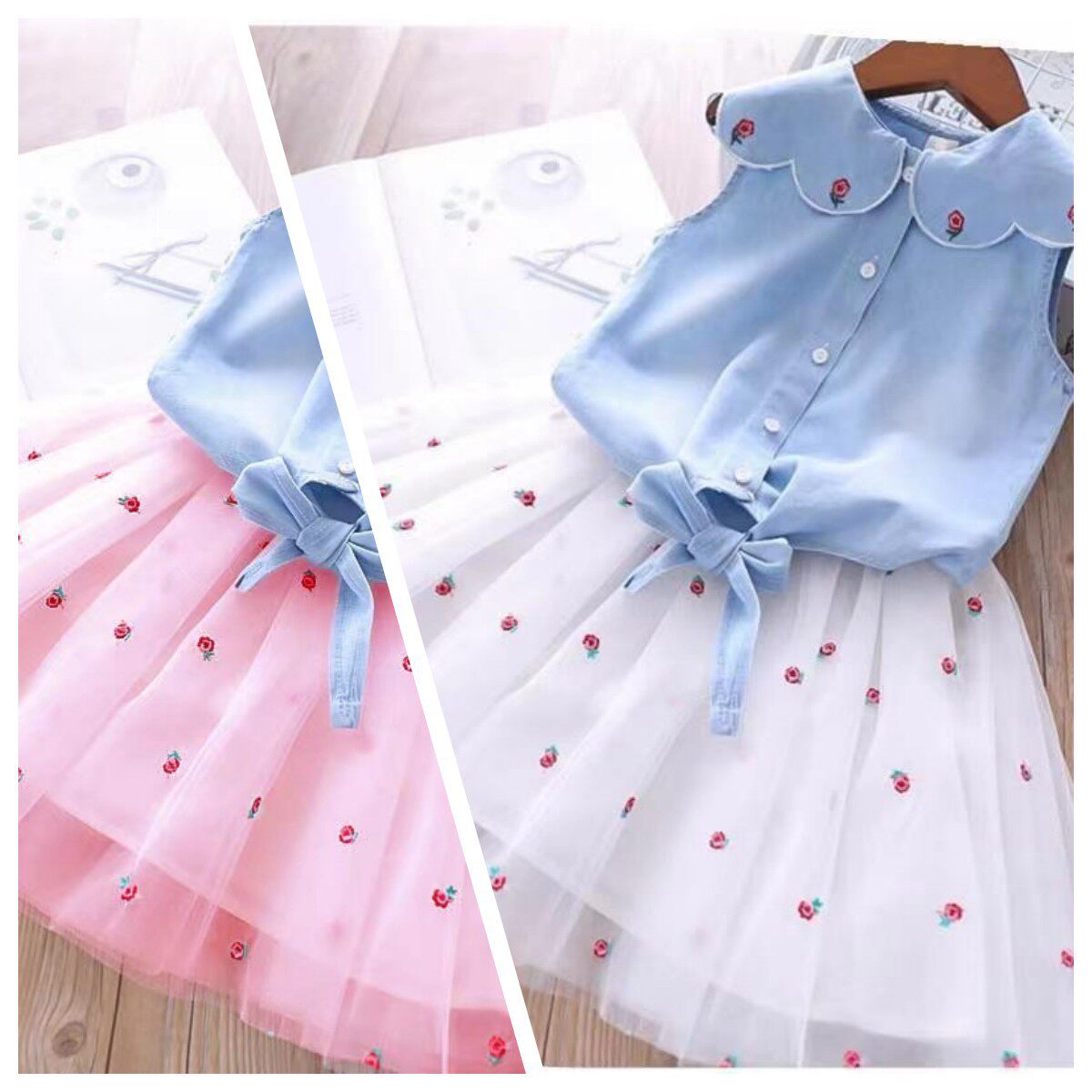 2025年夏季新款女童牛仔绣花翻领上衣+公主网纱裙无袖两件套套装