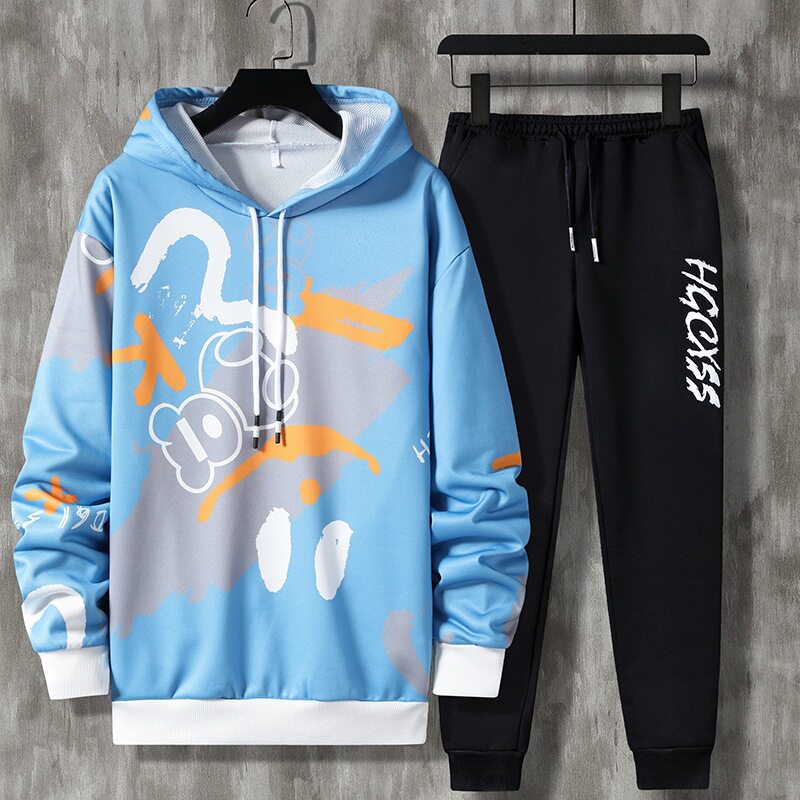 2026新款卫衣套装男春秋季连帽韩版潮流帅气青少年印花休闲运动服