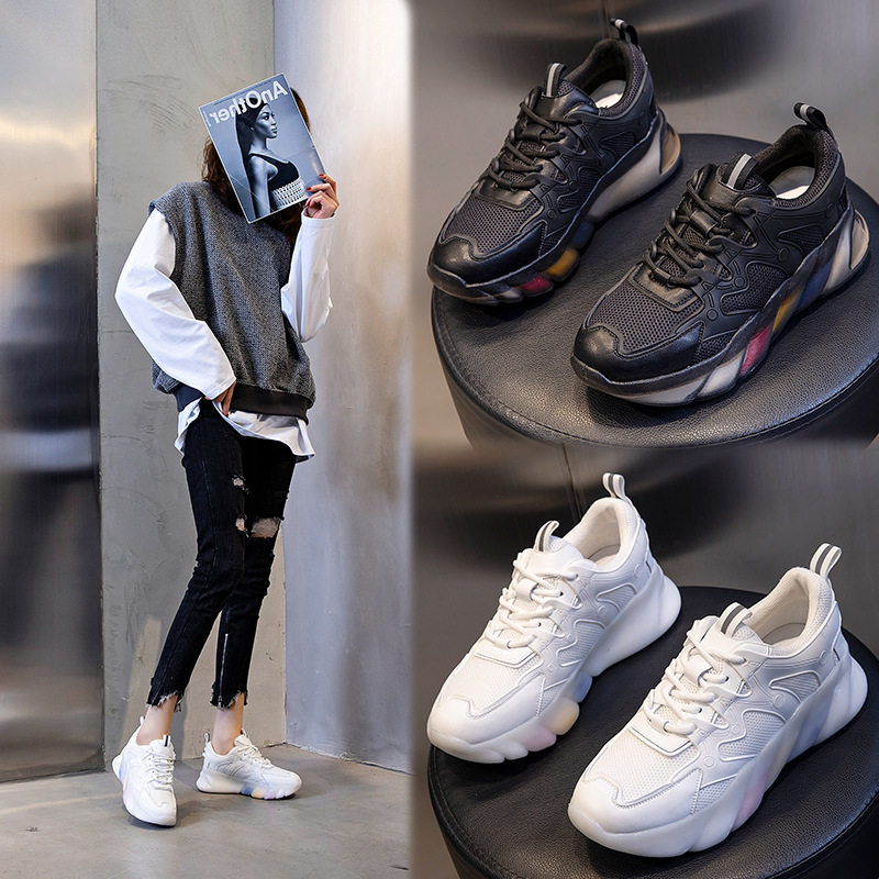 2026夏季新款真皮女鞋平底休闲跑步运动鞋潮春季彩虹底厚底老爹鞋