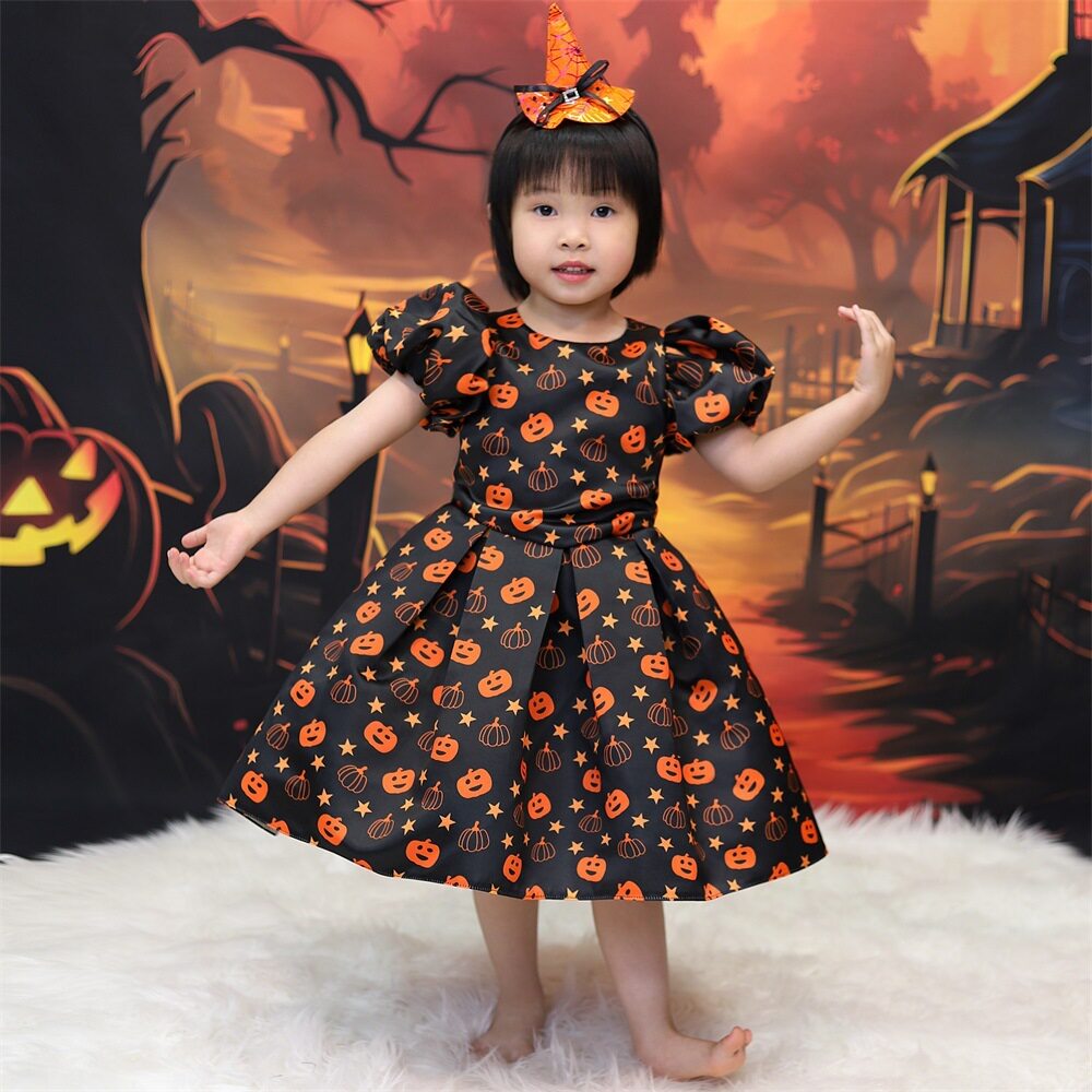 中小童万圣节礼服Halloween南瓜印花公主裙cosplay化妆舞会连衣裙