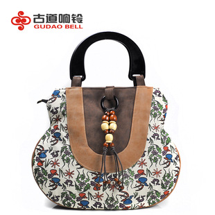 2025新款古道响铃少数民族风女式手提包拎包包手机pu皮+帆布女包