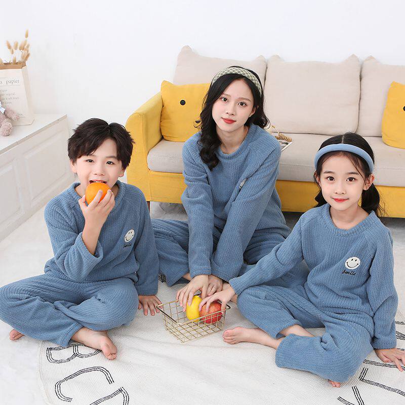 春秋冬季新款加厚亲子睡衣母女母子家庭装纯色甜美亲子家居服内衣