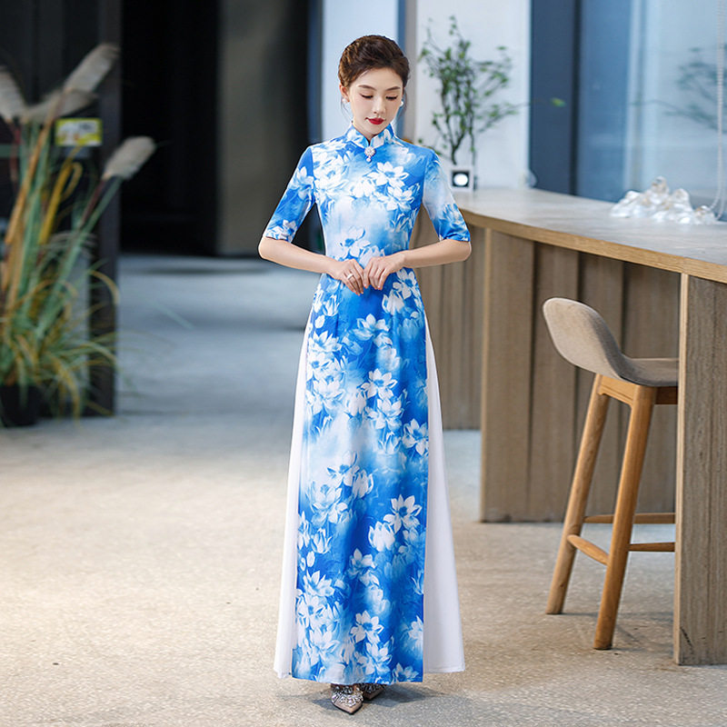 奥黛版走秀旗袍新款中国风舞台演出服大码年轻款改良舞蹈服连衣裙