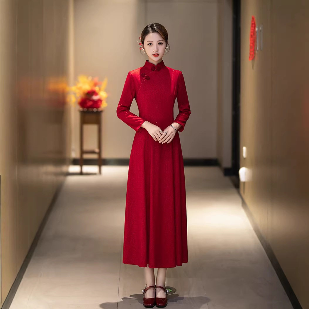 秋冬少女平板女装连衣裙斜襟2026修身中国风复合超柔长款旗袍新款