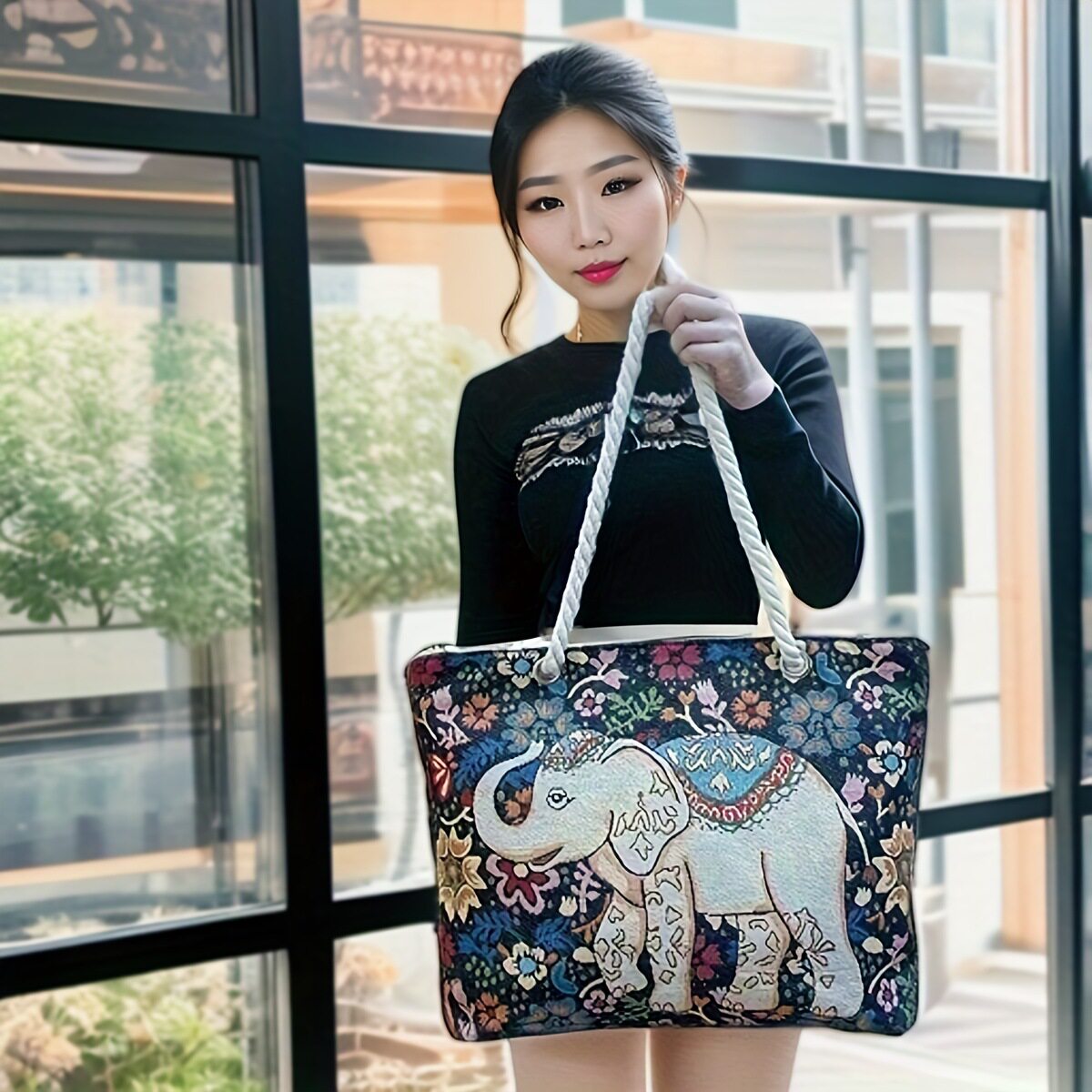 跨境大容量帆布单肩包女包 提花刺绣卡通动物图案通勤手提购物袋