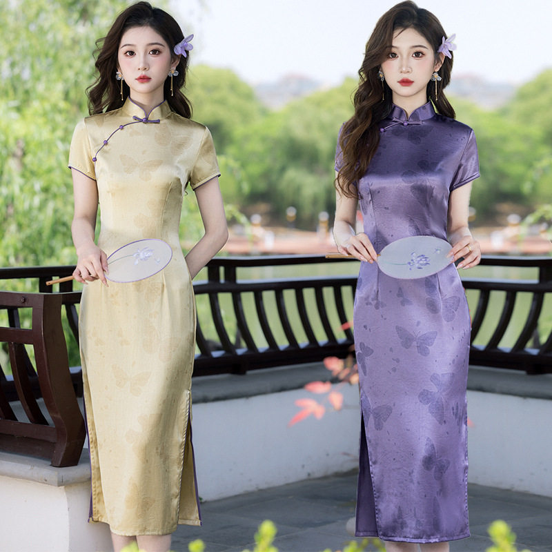2026年手子长款抓花仿国风新款学生修身醋酸显瘦裙年轻款少女旗袍