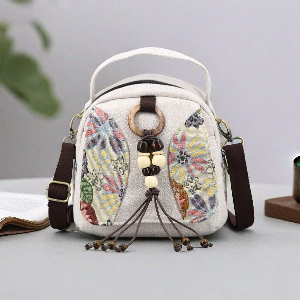 复古民族风帆布包女文艺流苏挂饰斜挎包手工串珠小挎包时尚手提包
