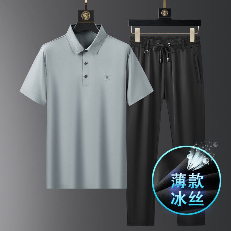 高端冰丝套装男士薄款POLO衫休闲套装短袖翻领t恤夏季男装一套