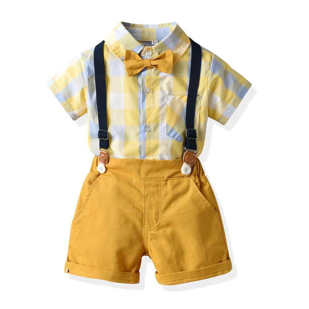 新款男童礼服套装夏季衬衫背带男童演出服一件短袖短裤两件套礼服