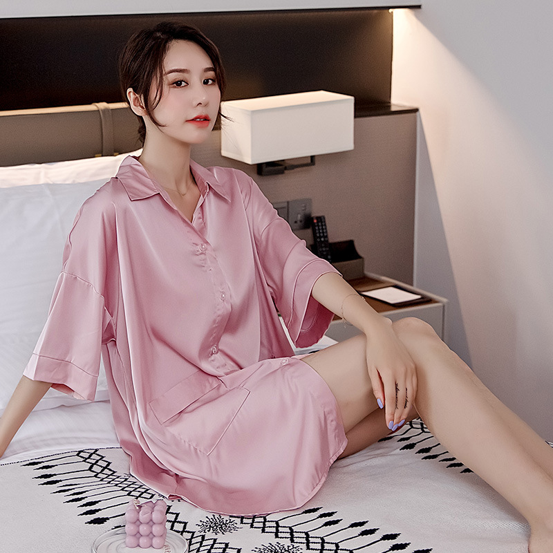 时尚衬衫式宽松BF风睡裙简约纯色翻领开衫缎面仿真丝五分袖家居服
