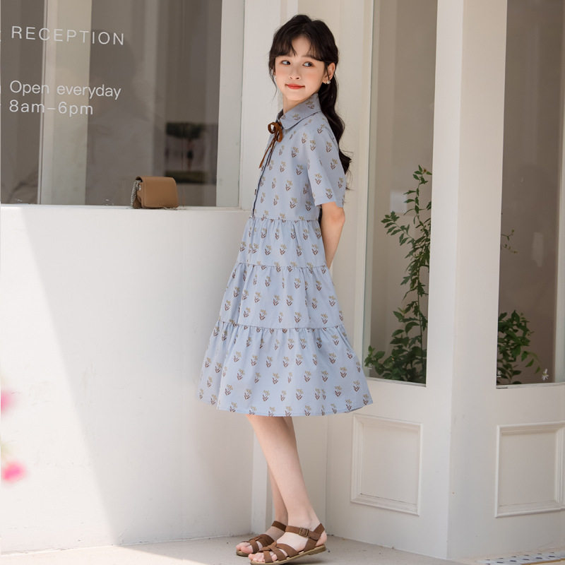 儿童碎花裙满印小学生棉布裙2026夏装短袖裙子中大童衬衫领连衣裙