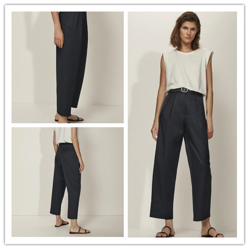 西班牙单 现货 新款MD女装海蓝色打褶直筒修身时尚长裤不皱休闲裤
