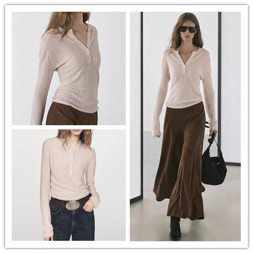 MD女装休闲慵懒老钱风镂空亨利领纯棉长袖针织衫上衣 05622532712