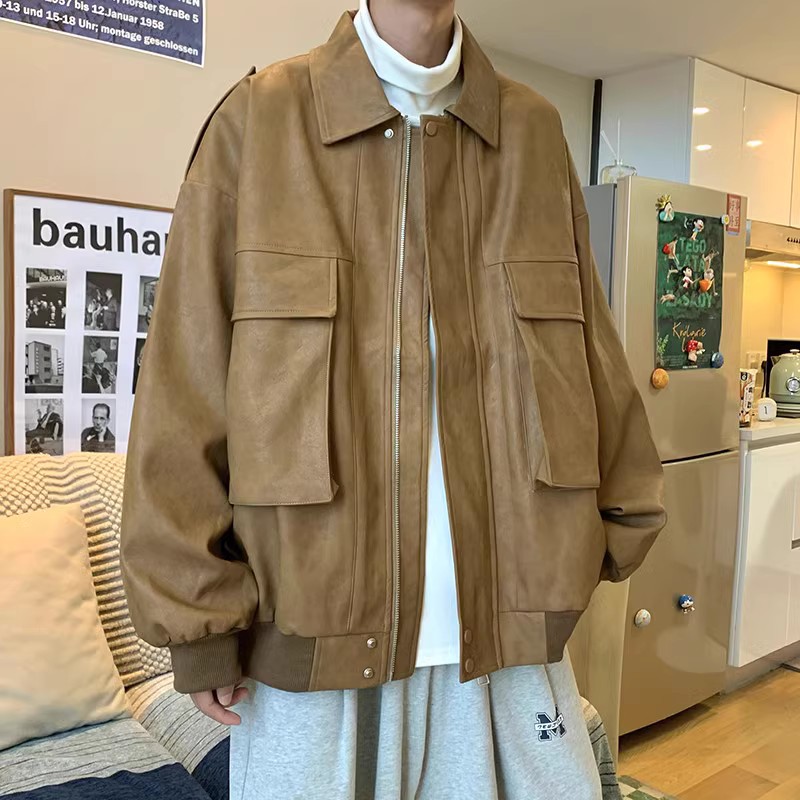 709-2-JK827-P115春白底pu皮衣大口袋复古潮流设计百搭夹克外套,男装皮衣,星座709-2