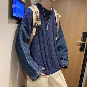 709-2-MY25-P100春单人港风休闲复古圆领牛仔拼接百搭毛衣男