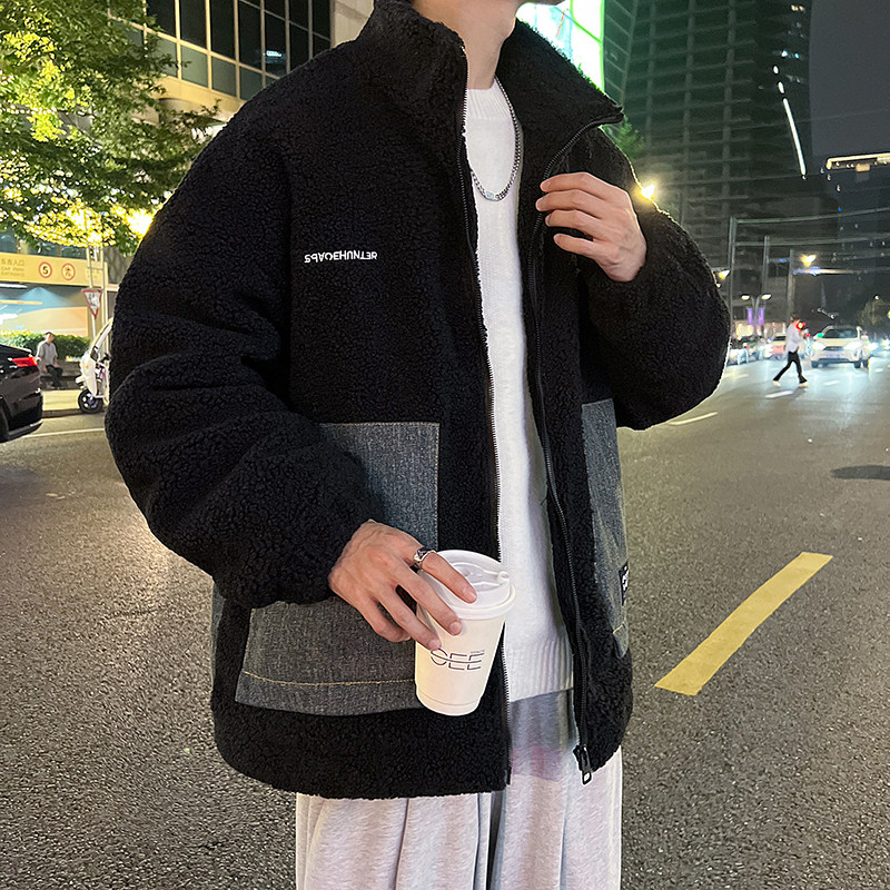 709-2-MY1505-P14523新款白底休闲立领羊羔毛拼牛仔棉衣外套,男装棉衣,星座709-2