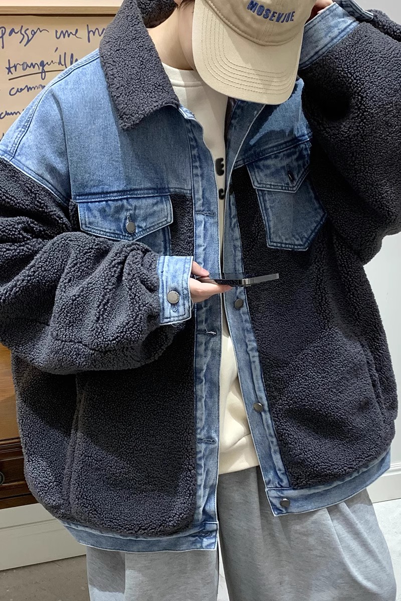 709-MY1003-P15023冬款单人羊羔毛拼接牛仔开衫翻领加厚棉衣男,男装棉衣,星座709-2