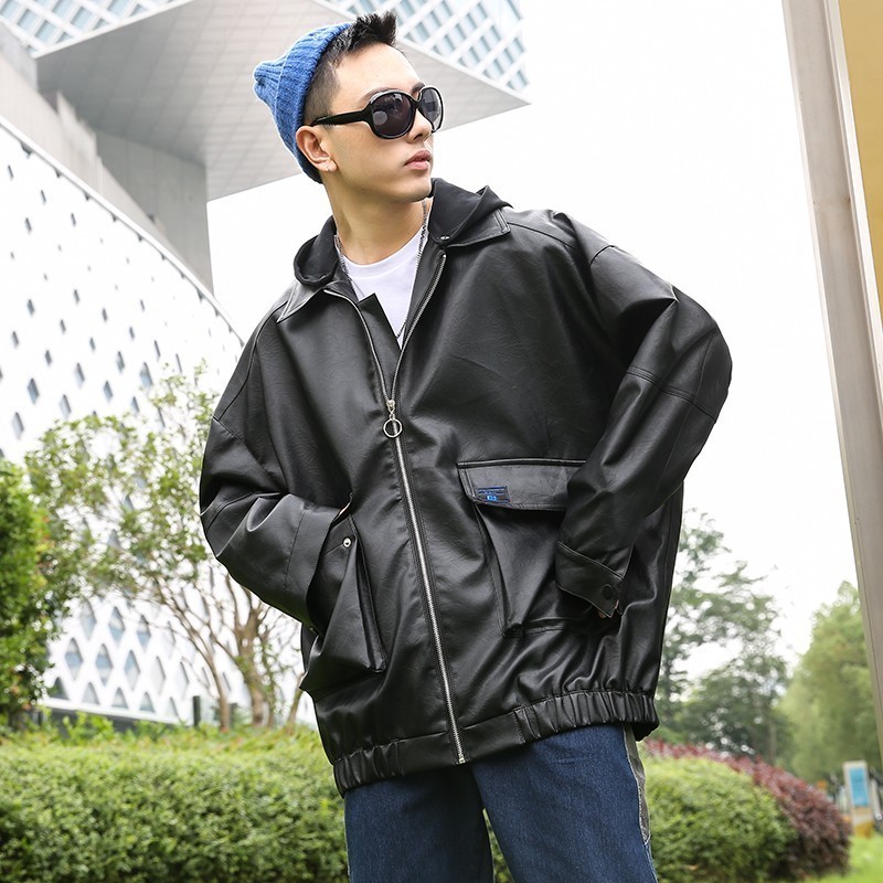 709-2-JK61-P100 春单人 连帽PU皮外套时尚百搭皮衣男简约潮流图片