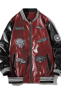 709-2-JK103-P110 春白底 多标刺绣棒球服皮衣夹克外套男潮流图片
