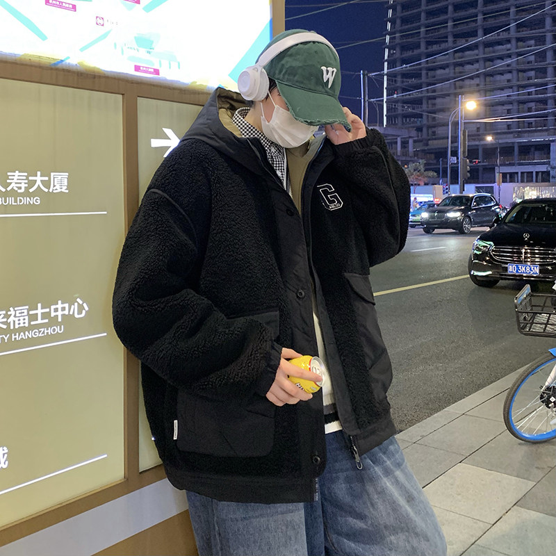709-2-MY1501-P17023新款单人羊羔毛拼接工装颗粒绒连帽棉衣外套,男装棉衣,星座709-2