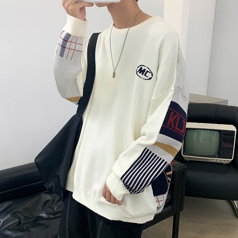 709-2-MY21-P75春单人拼色英文圆领套头休闲针织毛衣男,男装针织衫/毛衣,星座709-2