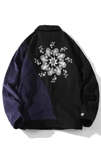 709-2-JK808-P100 春白底 港风印花牛仔拼灯芯绒百搭夹克外套图片