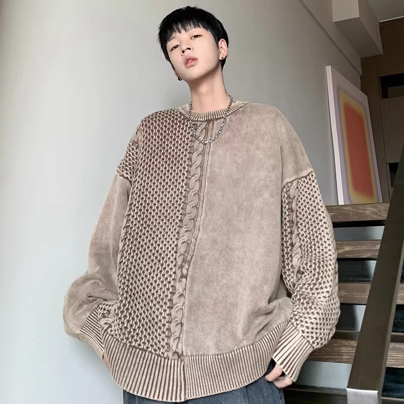709-2-MY35-P115春单人水洗全棉拼麻花辫套头宽松大码毛衣男,男装针织衫/毛衣,星座709-2