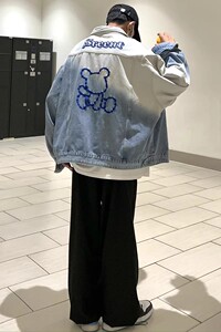 709-2-JK825-P105 春单人 拼色全棉刺绣小熊潮流牛仔夹克外套图片