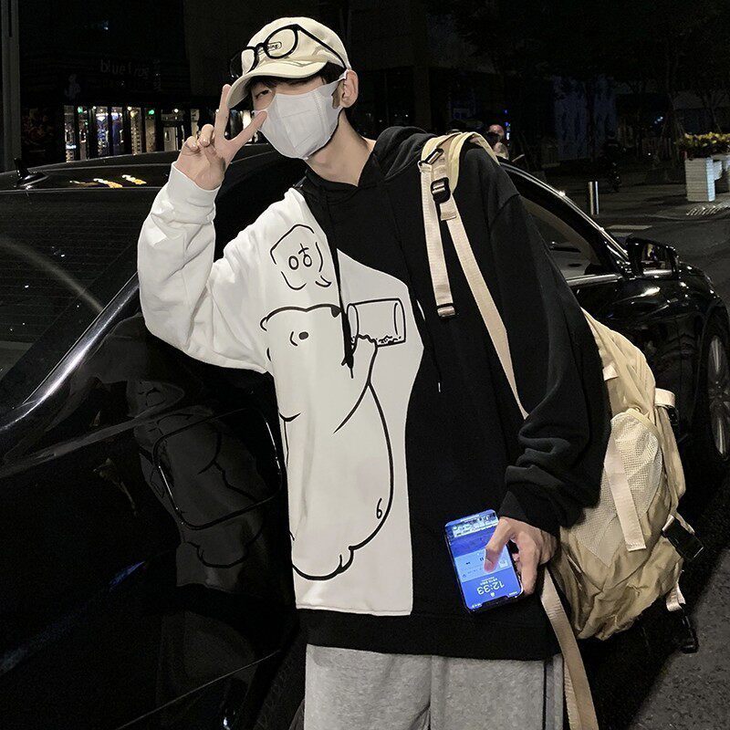 709-2-W507-P70 春单人 港风休闲拼色小熊连帽外套宽松百搭卫衣男图片
