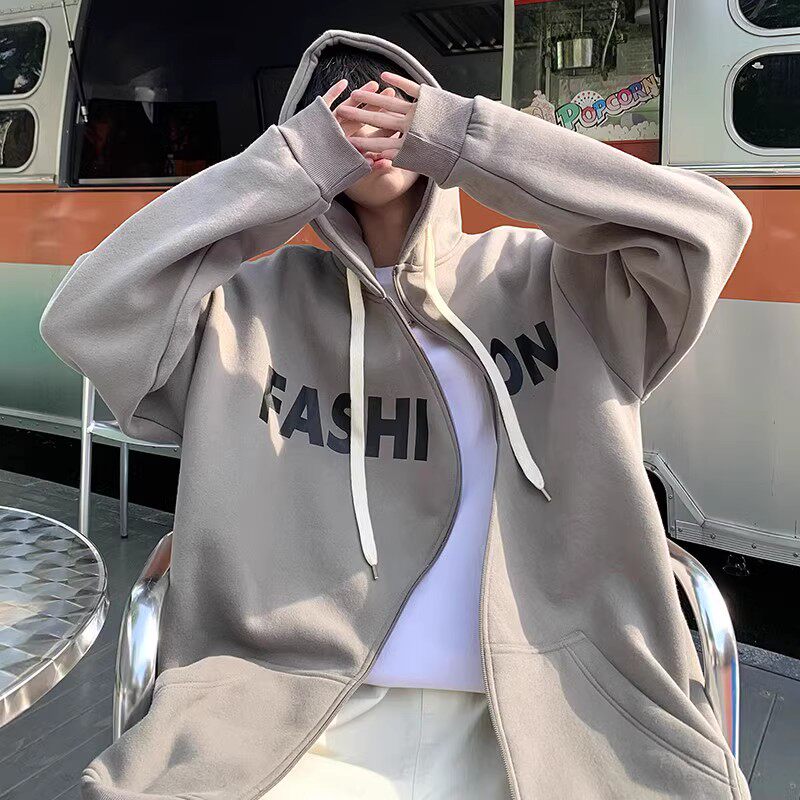 709-2-W600-P80春单人弯拉链设计连帽英文印花百搭卫衣外套,男装卫衣,星座709-2