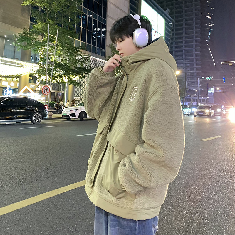 709-2-MY1501-P17023新款单人羊羔毛拼接工装颗粒绒连帽棉衣外套,男装棉衣,星座709-2
