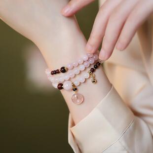 2025凤凰涅磐粉水晶手串三圈平安扣串珠粉晶粉色桃花水晶手链闺蜜